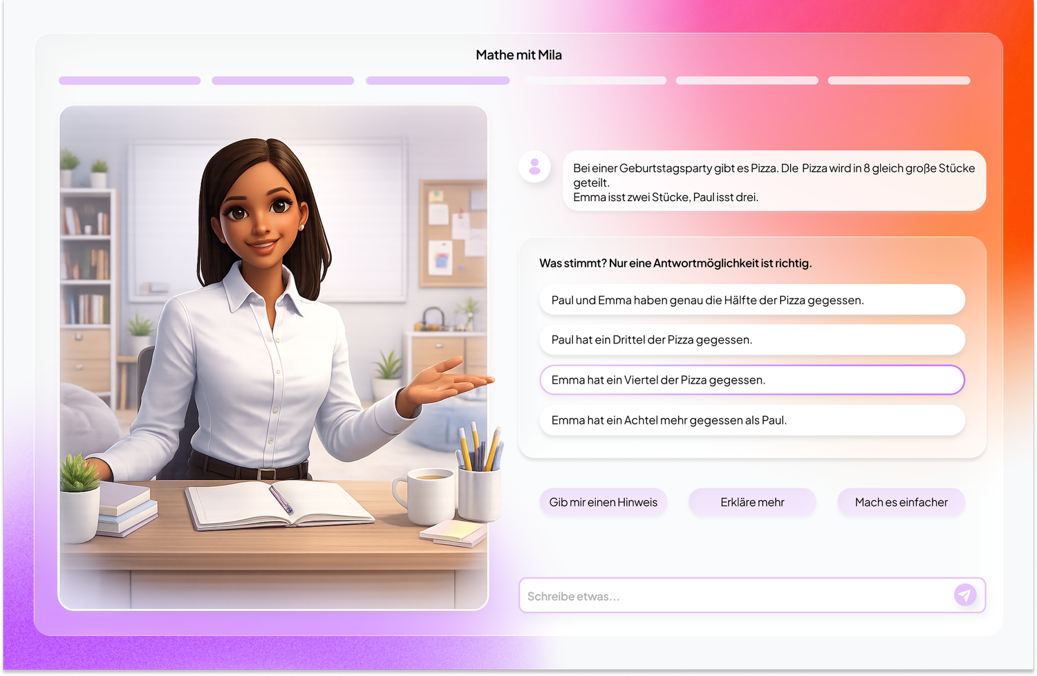 studyspace App: Mila erklärt eine Mathe-Aufgabe rund um Bruchrechnung